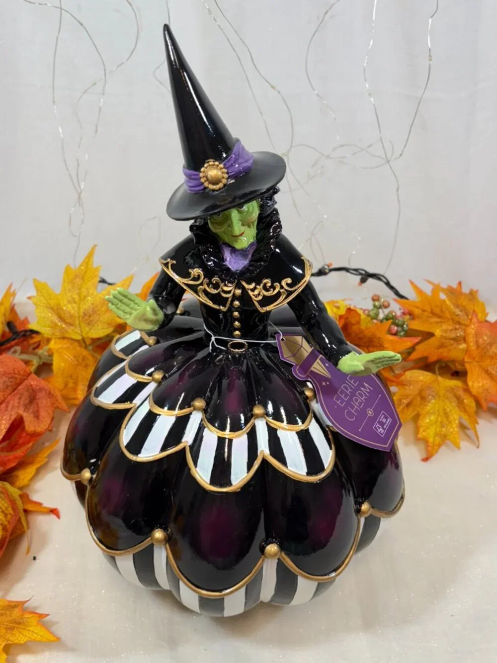 Eerie Charm Halloween Green Wicked Witch In Black & White Pumpkin Figurine 15